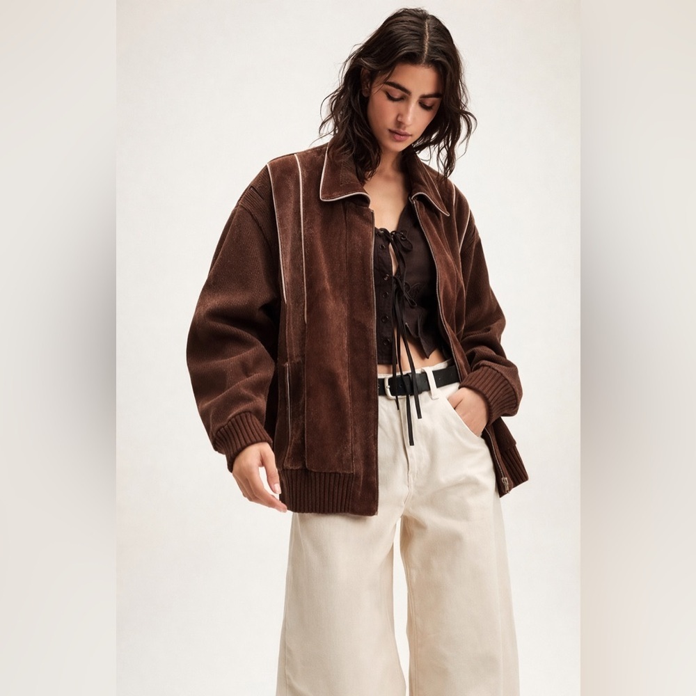 R.O.C Vintage Suede Leather Sweater Bomber Jacket Coat Brown Western XL
